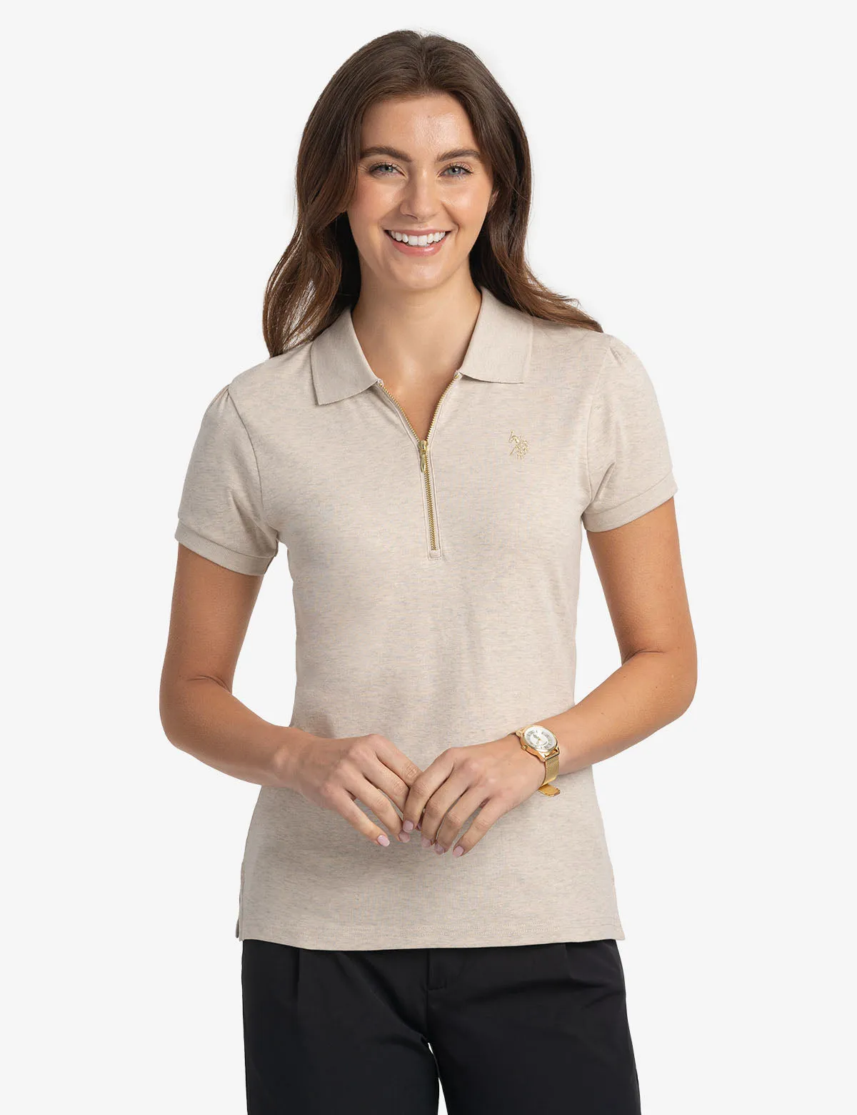 HALF ZIP PUFF SLEEVE HEATHER POLO SHIRT