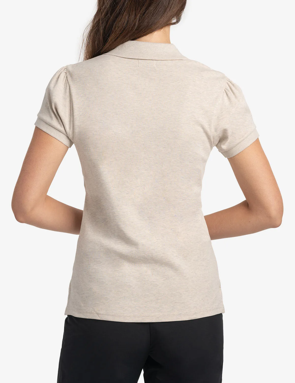 HALF ZIP PUFF SLEEVE HEATHER POLO SHIRT