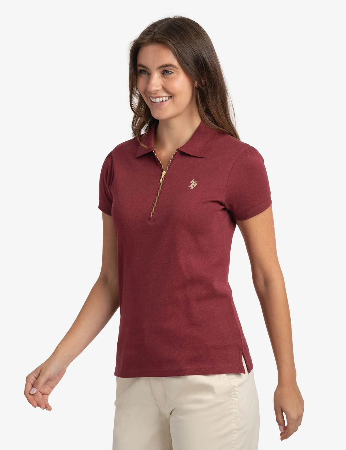 HALF ZIP PUFF SLEEVE HEATHER POLO SHIRT