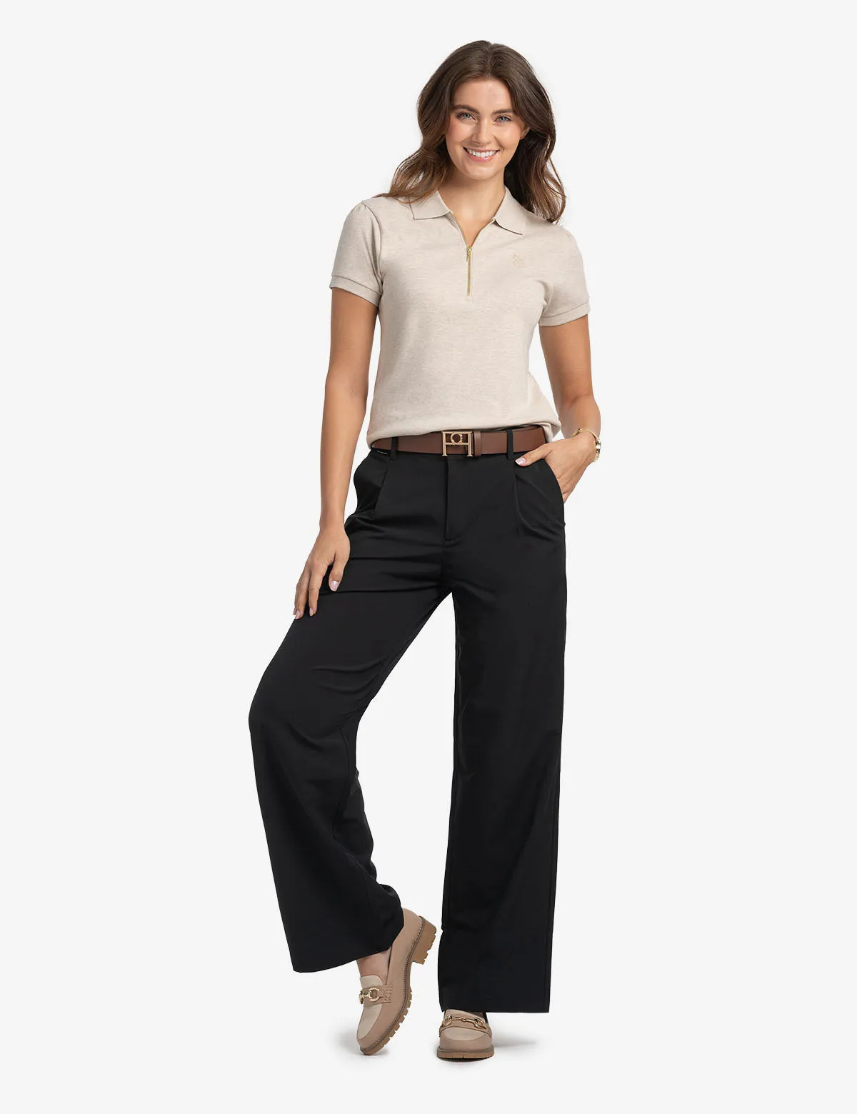 HALF ZIP PUFF SLEEVE HEATHER POLO SHIRT