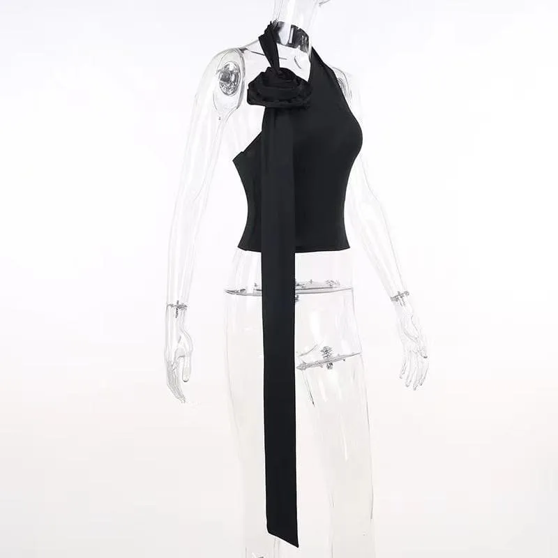 Halter solid flower applique ribbon backless sleeveless crop top