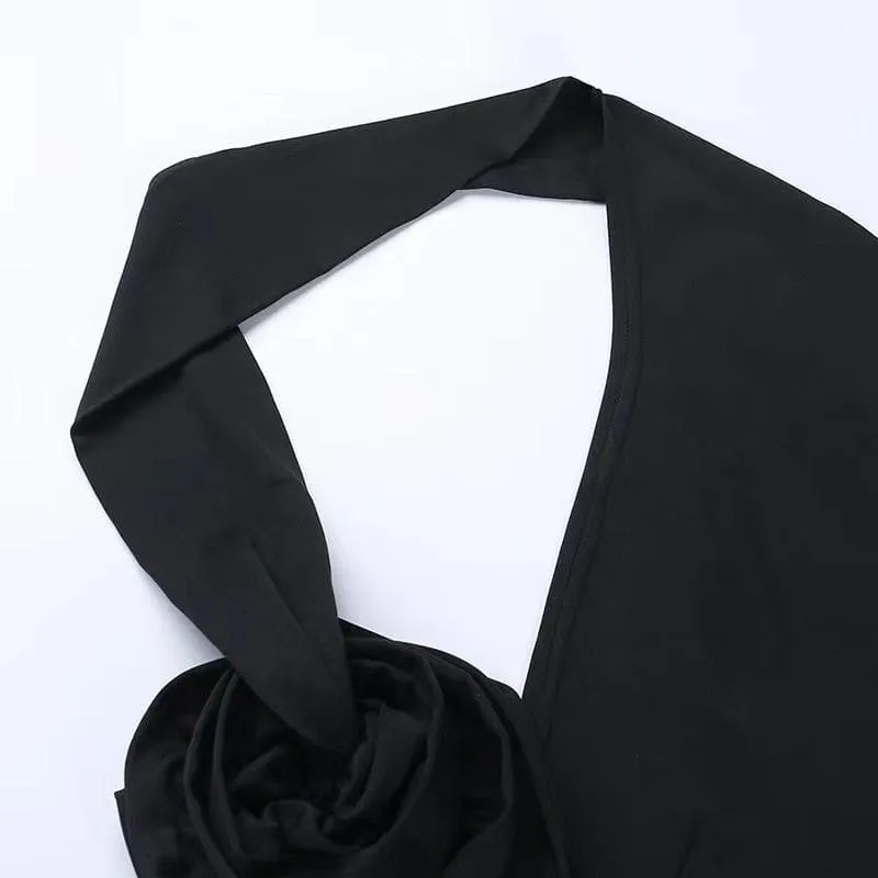 Halter solid flower applique ribbon backless sleeveless crop top