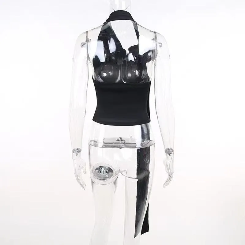 Halter solid flower applique ribbon backless sleeveless crop top