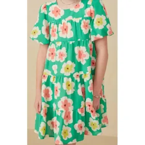 Hayden Girls Large Floral Puff Sleeve Dress - Green