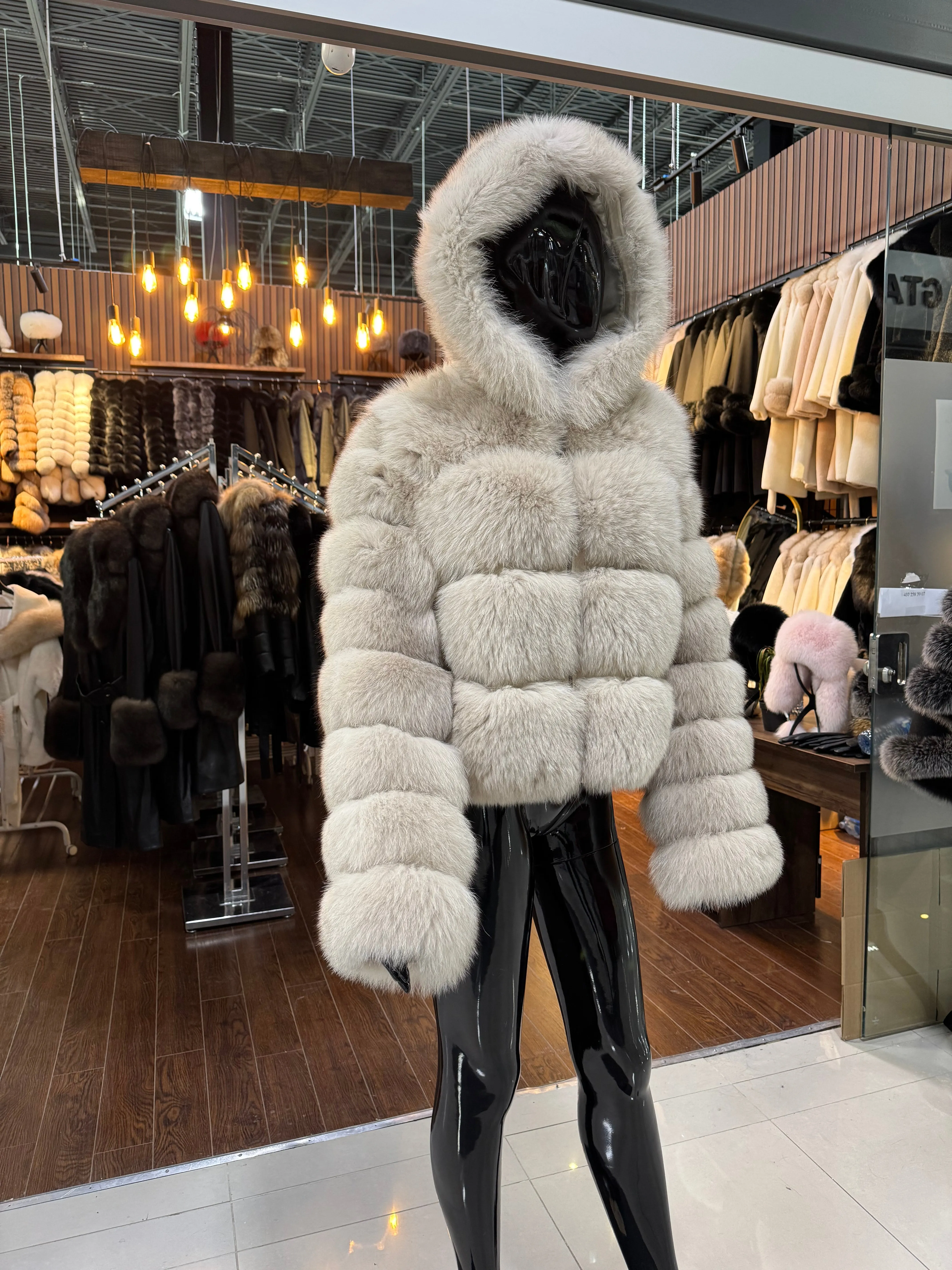 Hooded Beige Fox Fur Jacket