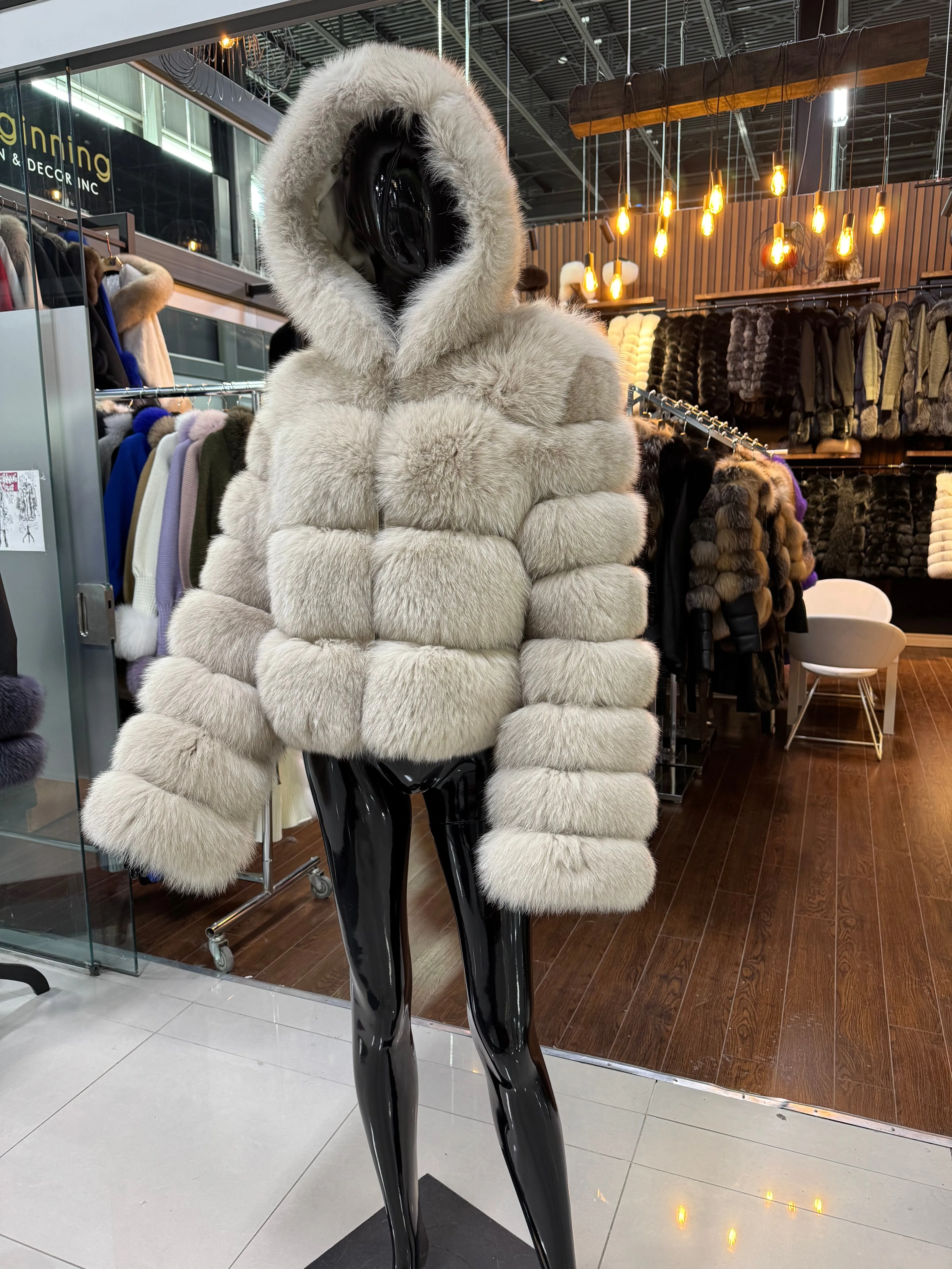 Hooded Beige Fox Fur Jacket