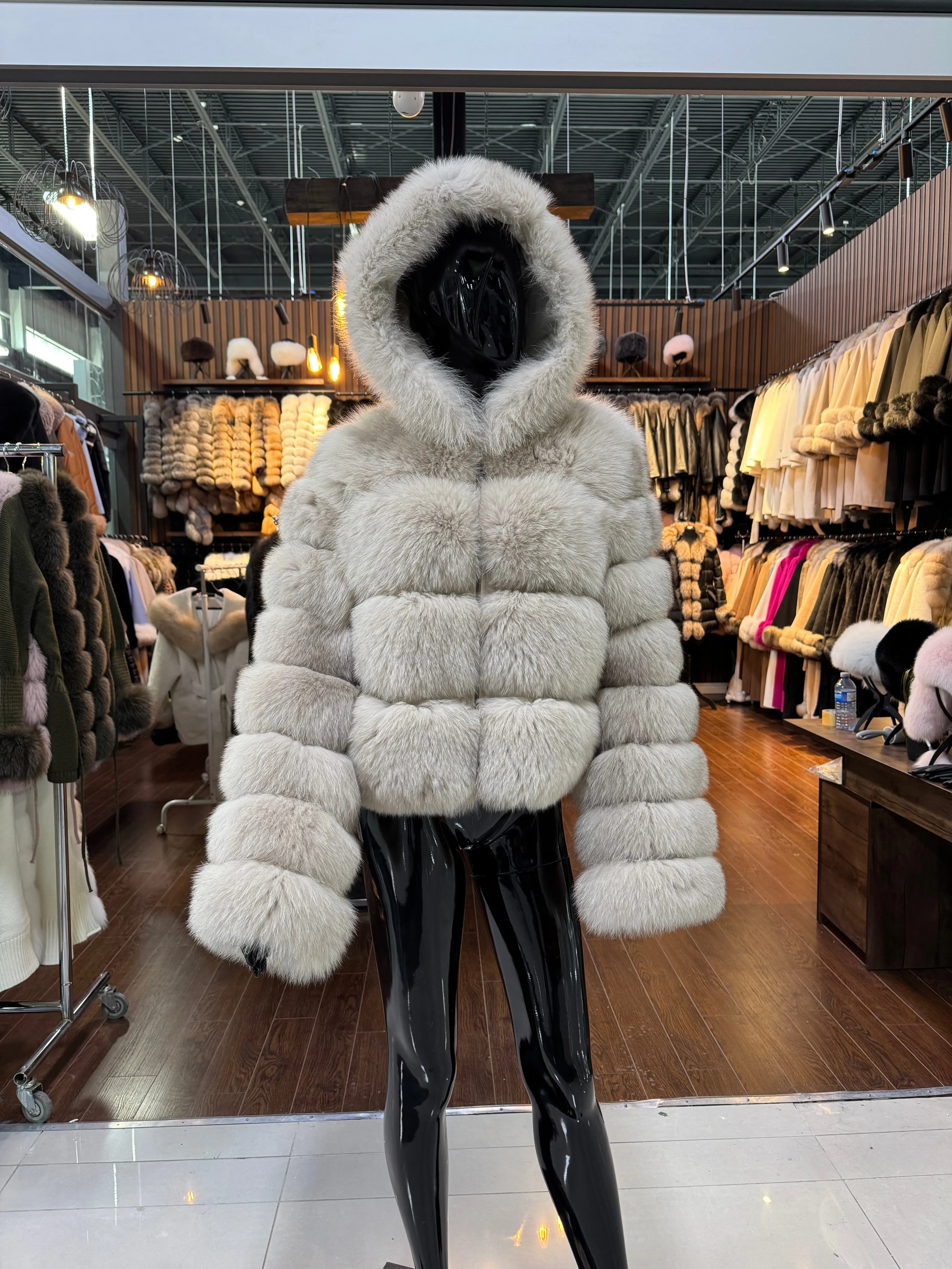 Hooded Beige Fox Fur Jacket