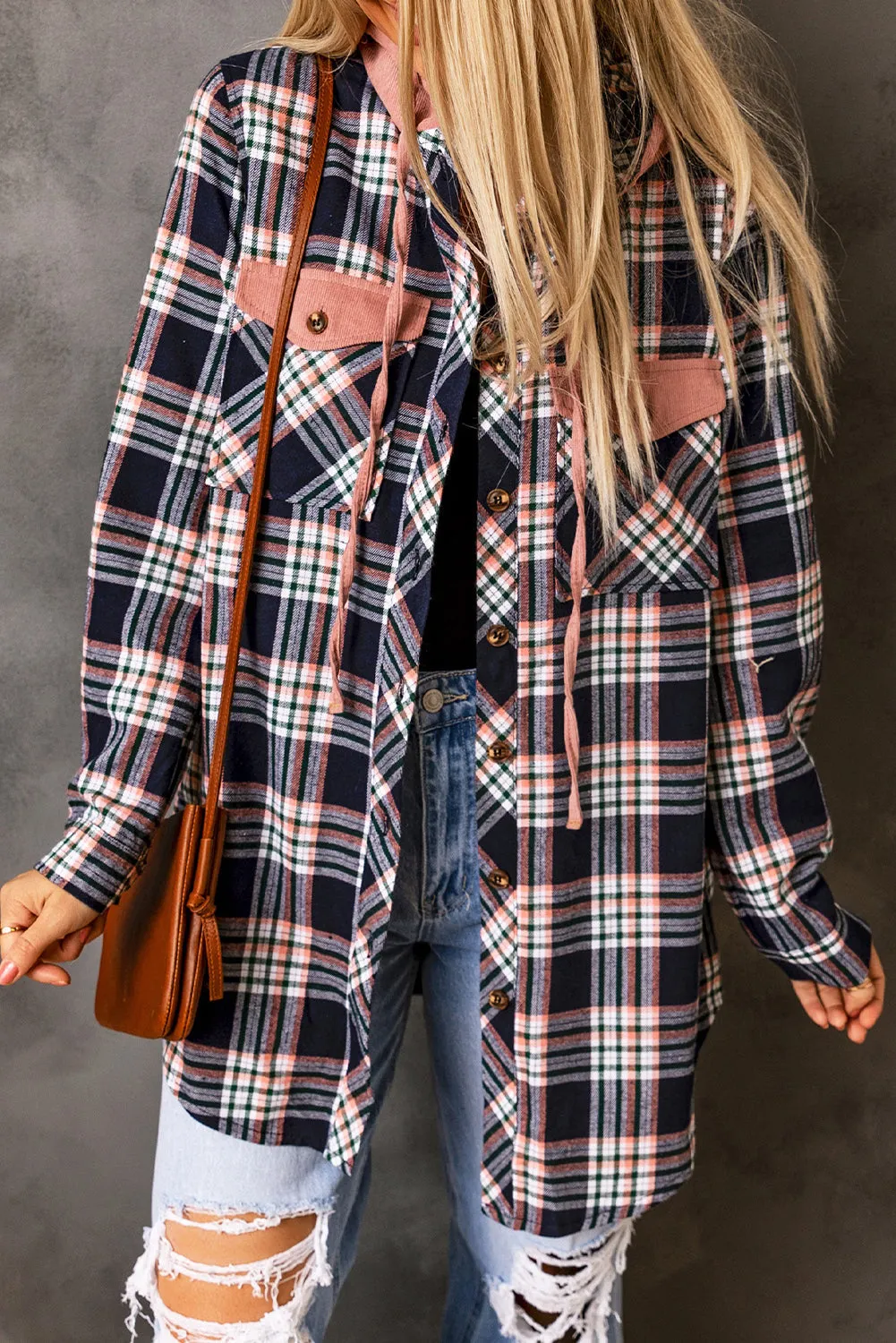 Hooded Drawstring Plaid Shacket