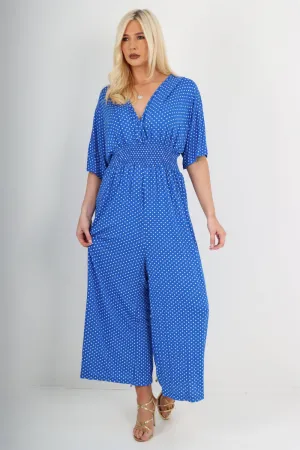 italian polka dot print shirred elasticated waist v neck jumpsuit