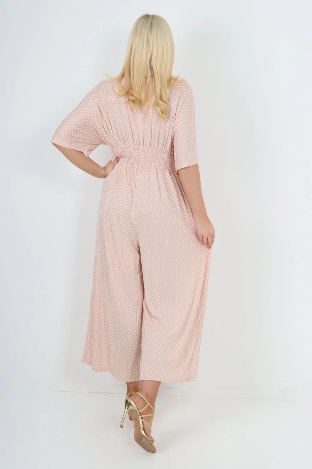italian polka dot print shirred elasticated waist v neck jumpsuit