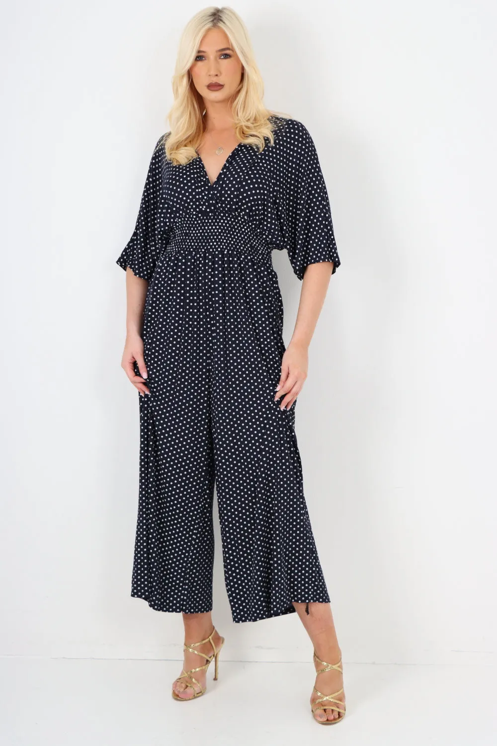 italian polka dot print shirred elasticated waist v neck jumpsuit