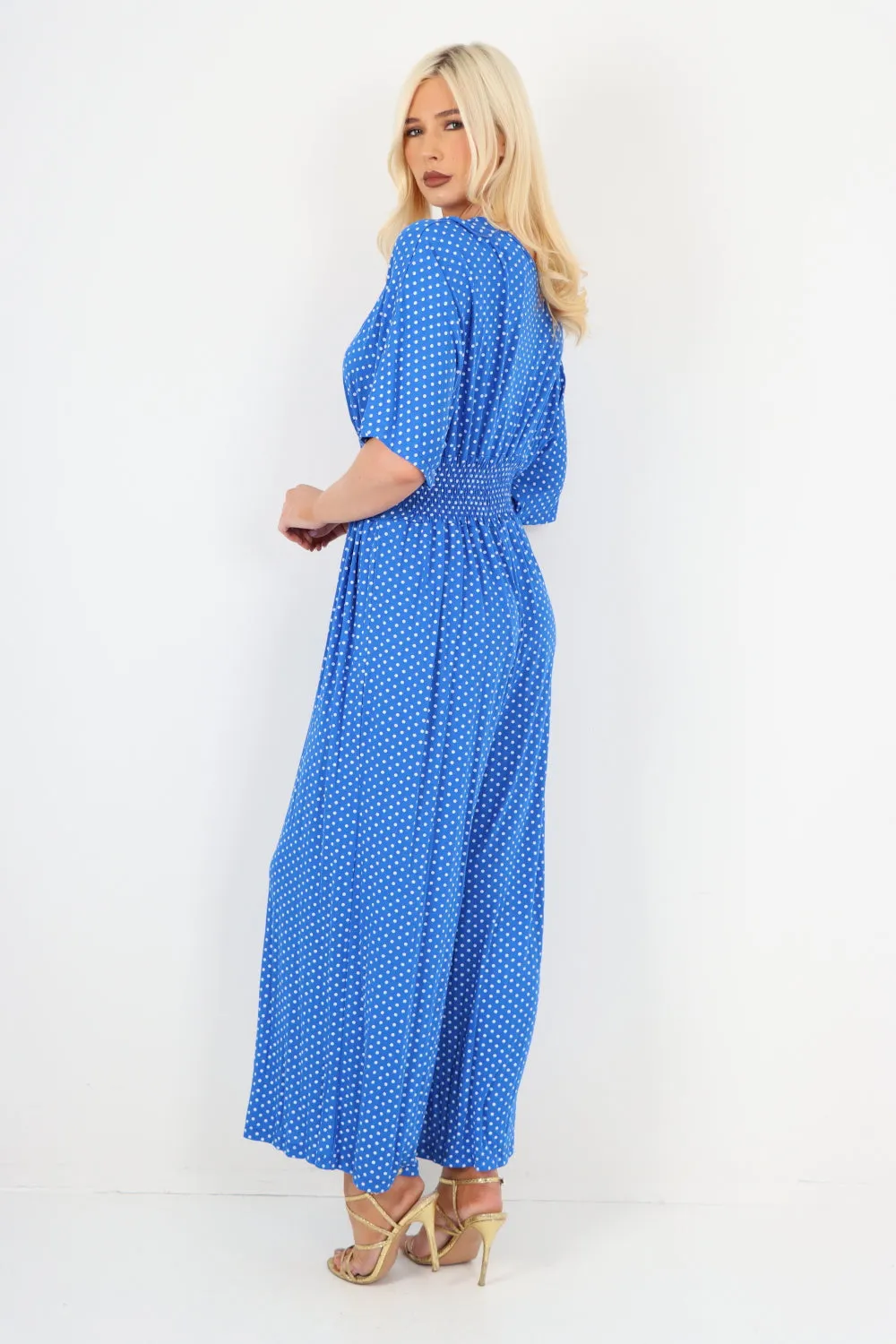 italian polka dot print shirred elasticated waist v neck jumpsuit