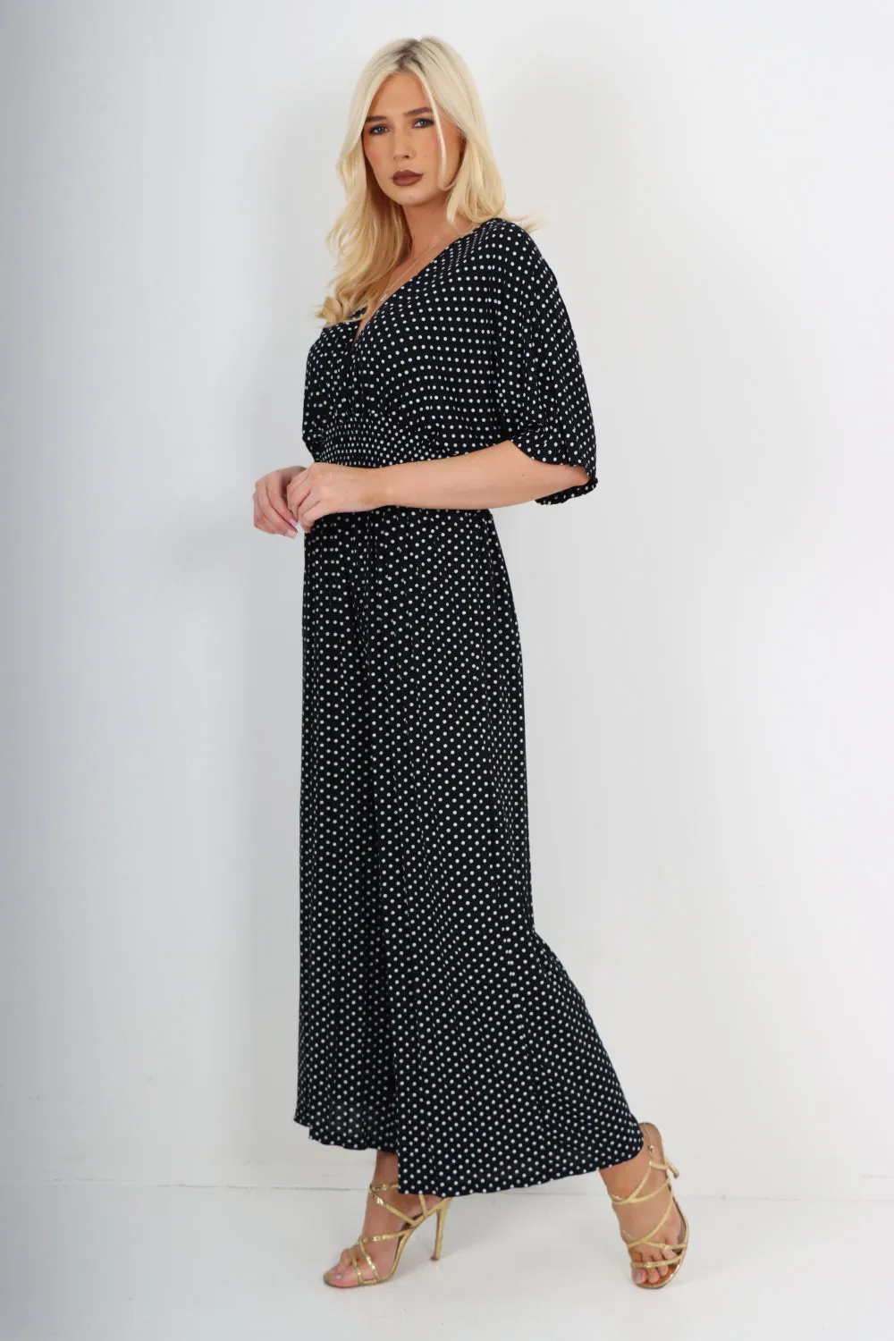 italian polka dot print shirred elasticated waist v neck jumpsuit