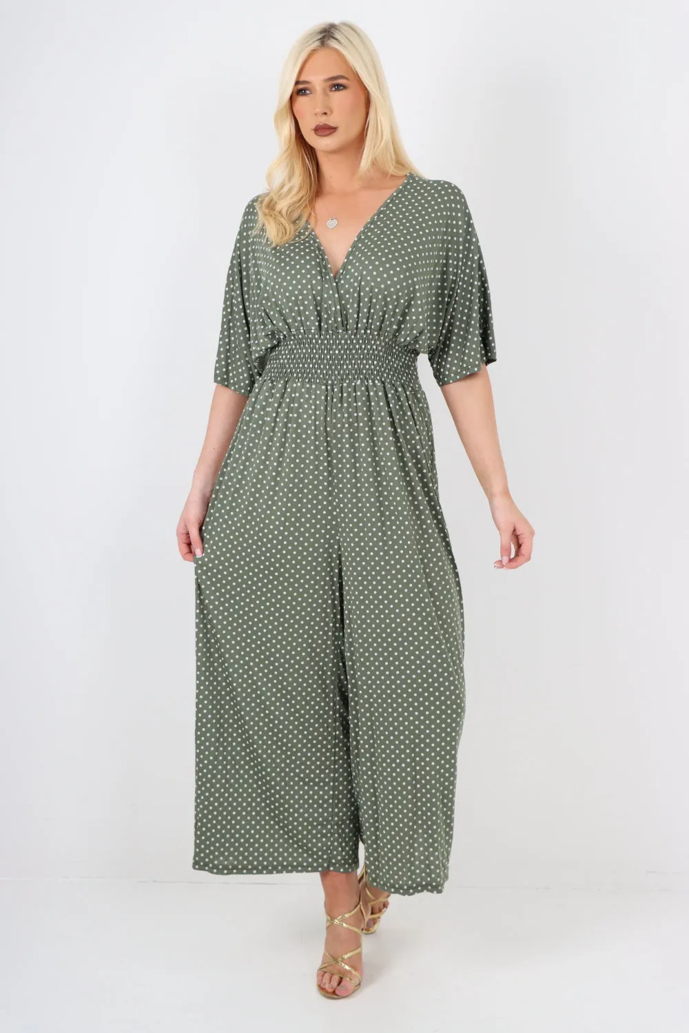 italian polka dot print shirred elasticated waist v neck jumpsuit