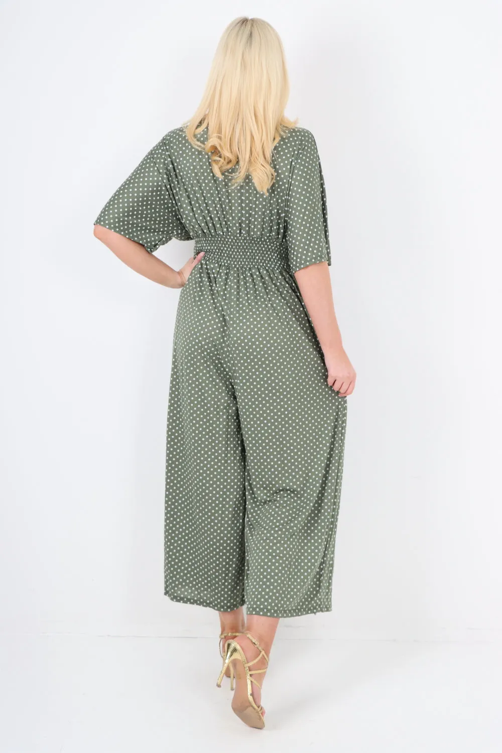 italian polka dot print shirred elasticated waist v neck jumpsuit
