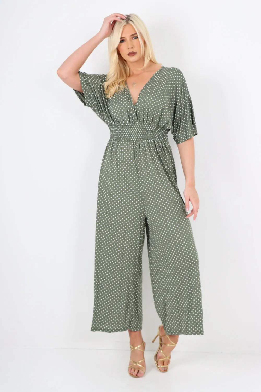 italian polka dot print shirred elasticated waist v neck jumpsuit