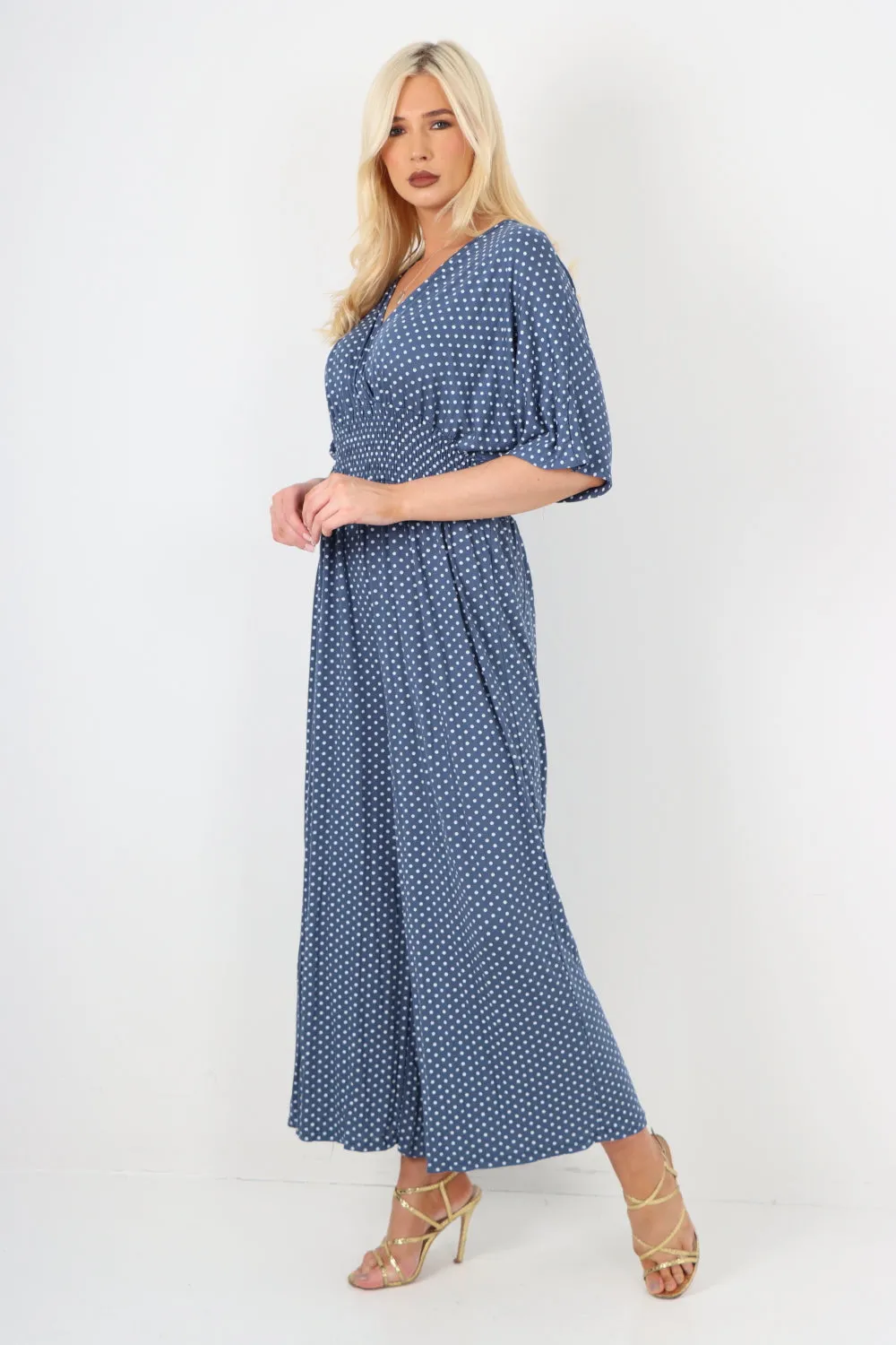 italian polka dot print shirred elasticated waist v neck jumpsuit