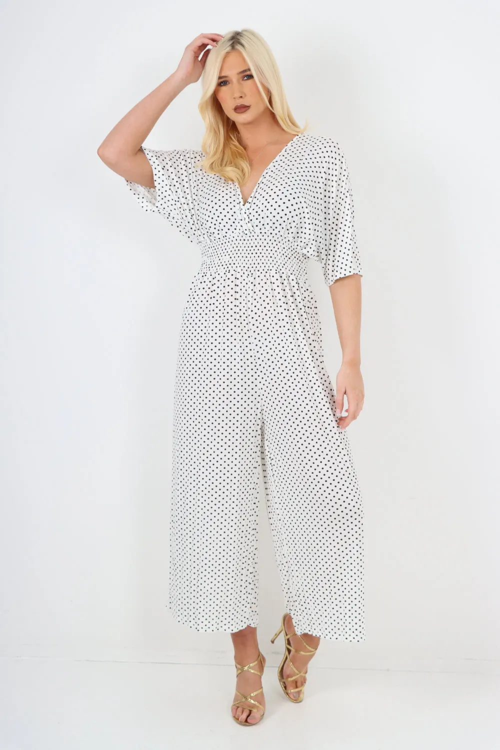 italian polka dot print shirred elasticated waist v neck jumpsuit