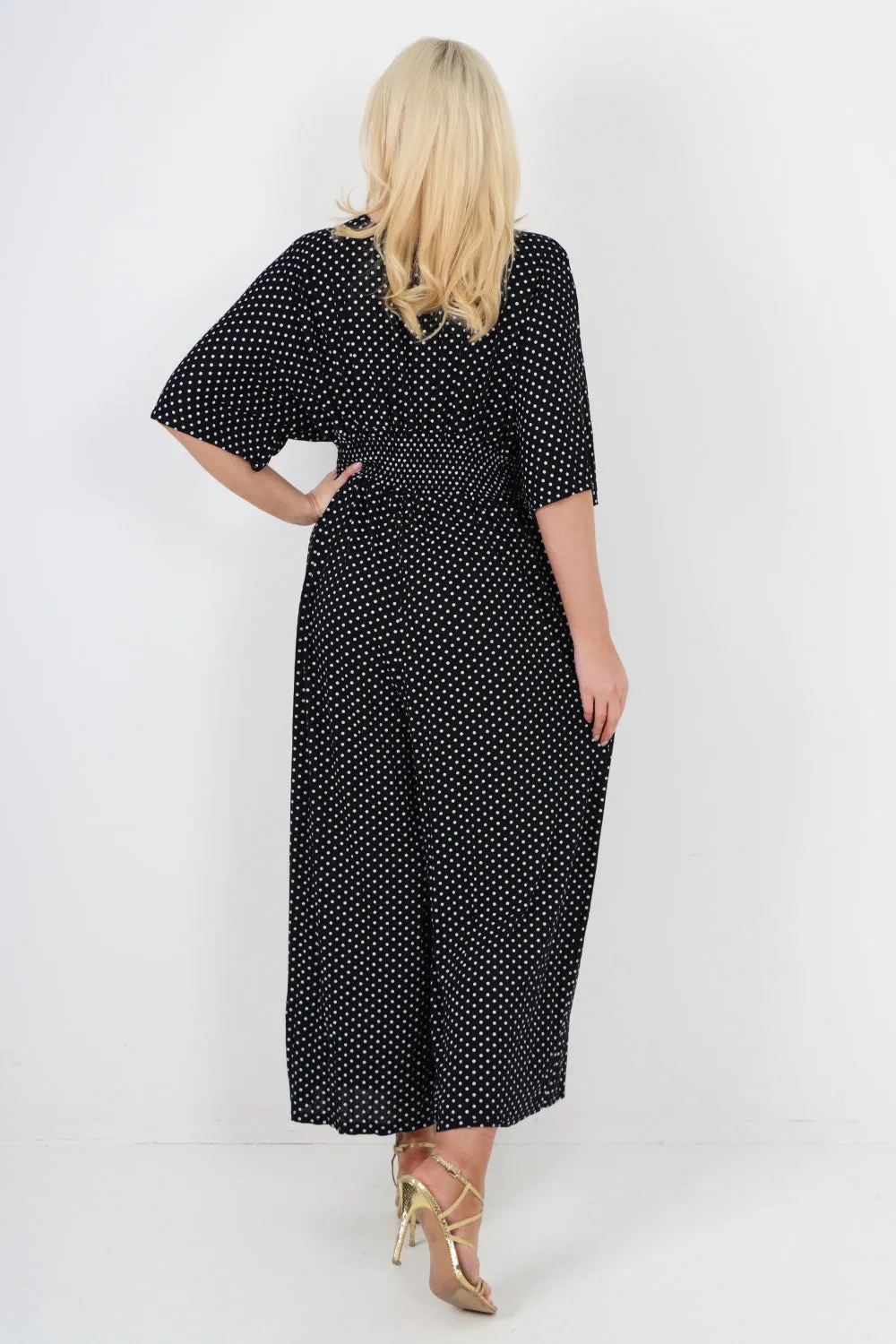 italian polka dot print shirred elasticated waist v neck jumpsuit