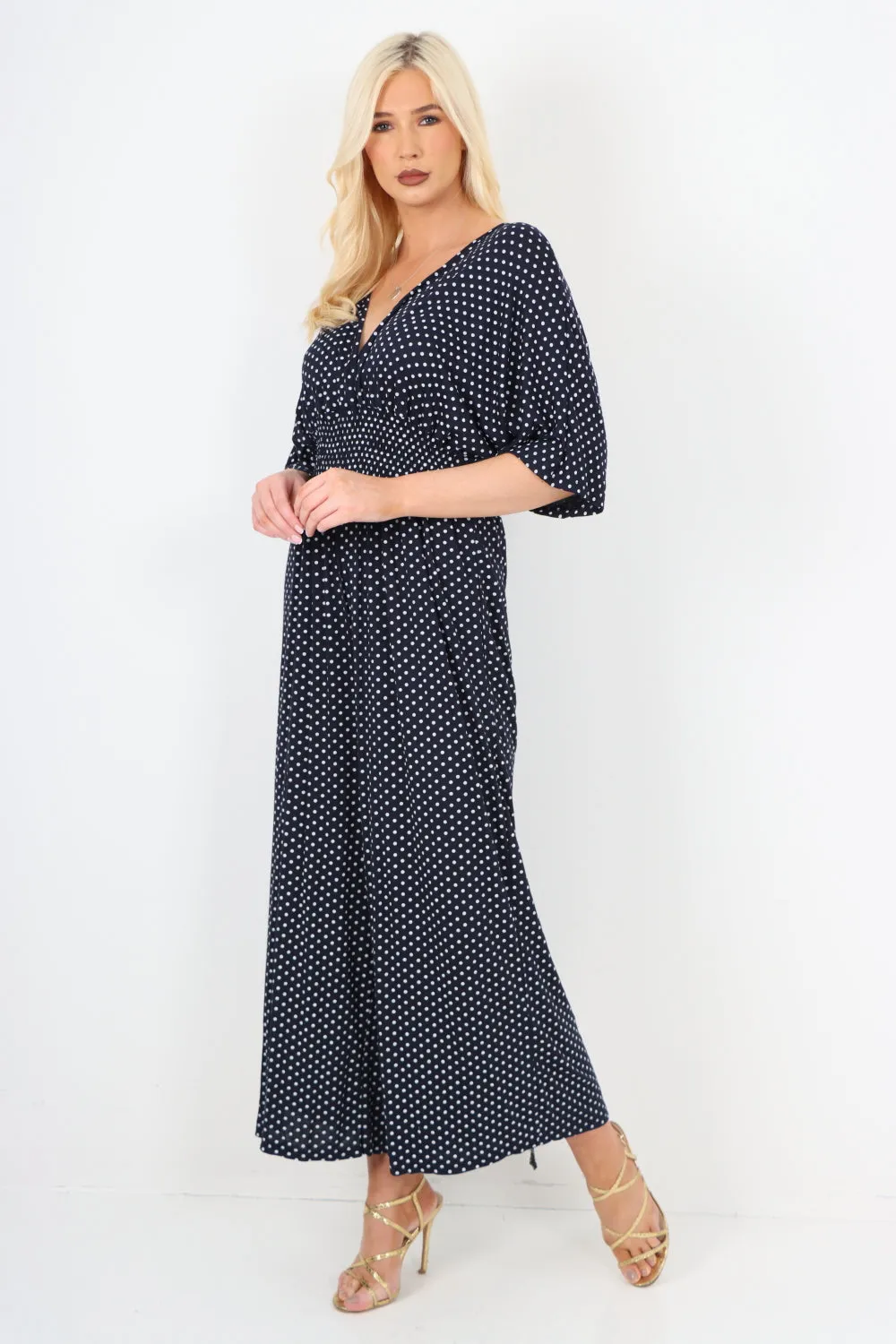 italian polka dot print shirred elasticated waist v neck jumpsuit