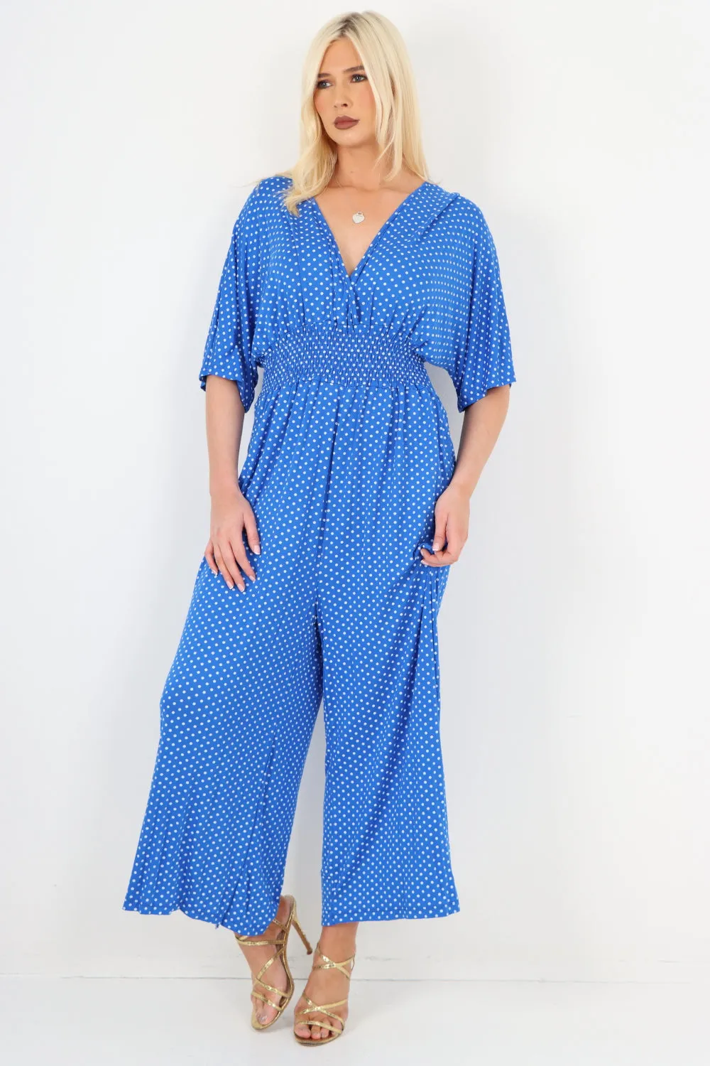 italian polka dot print shirred elasticated waist v neck jumpsuit