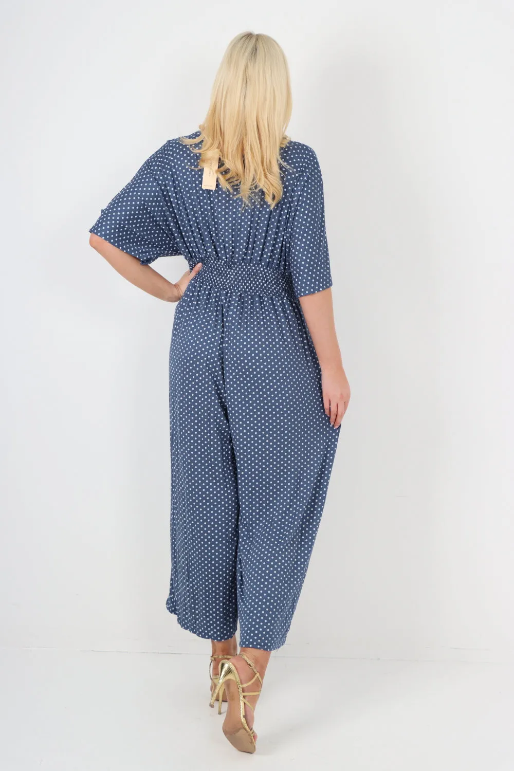 italian polka dot print shirred elasticated waist v neck jumpsuit