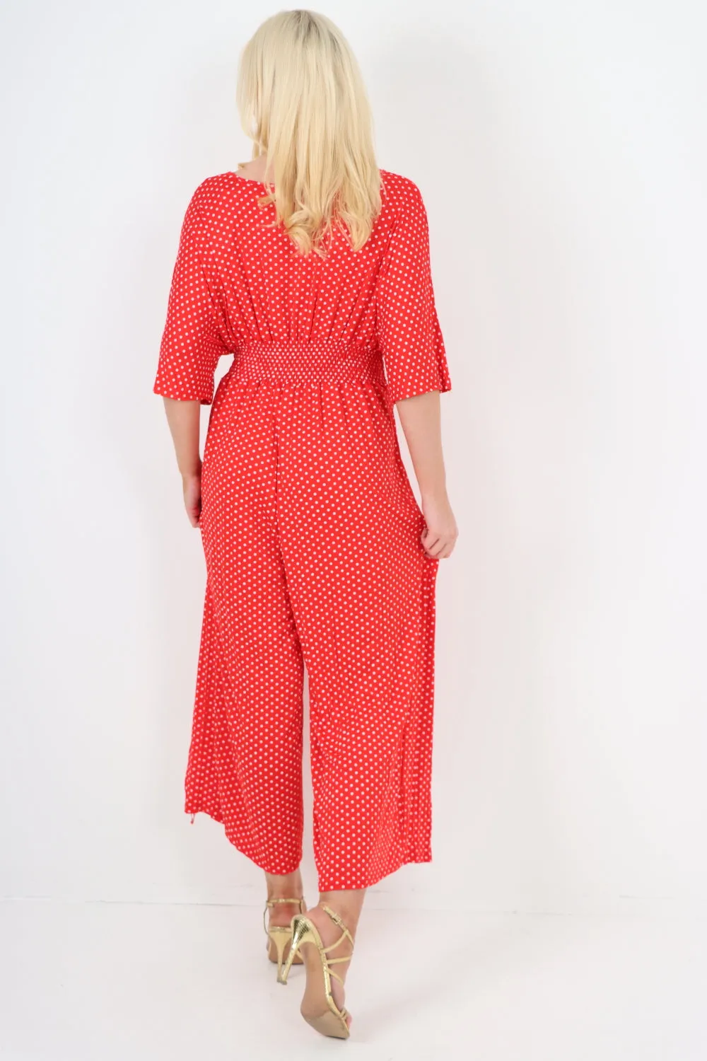 italian polka dot print shirred elasticated waist v neck jumpsuit