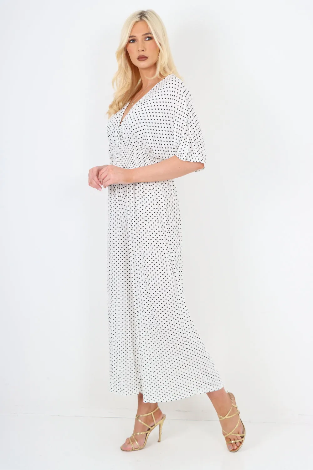 italian polka dot print shirred elasticated waist v neck jumpsuit