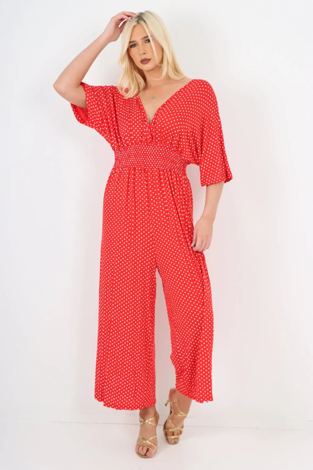 italian polka dot print shirred elasticated waist v neck jumpsuit