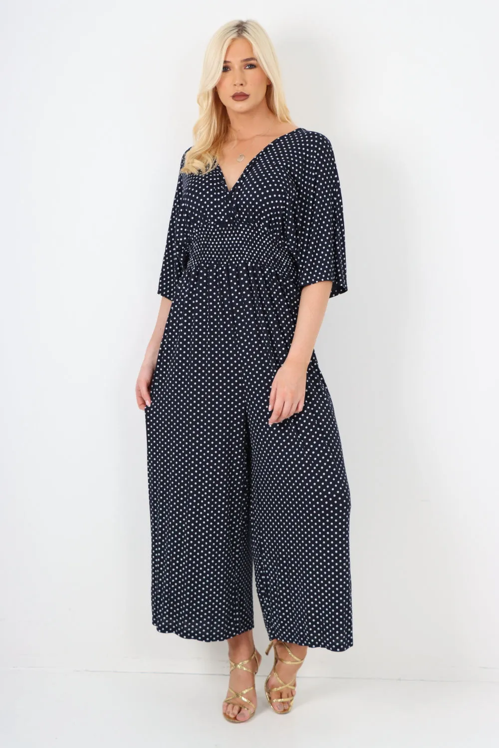 italian polka dot print shirred elasticated waist v neck jumpsuit