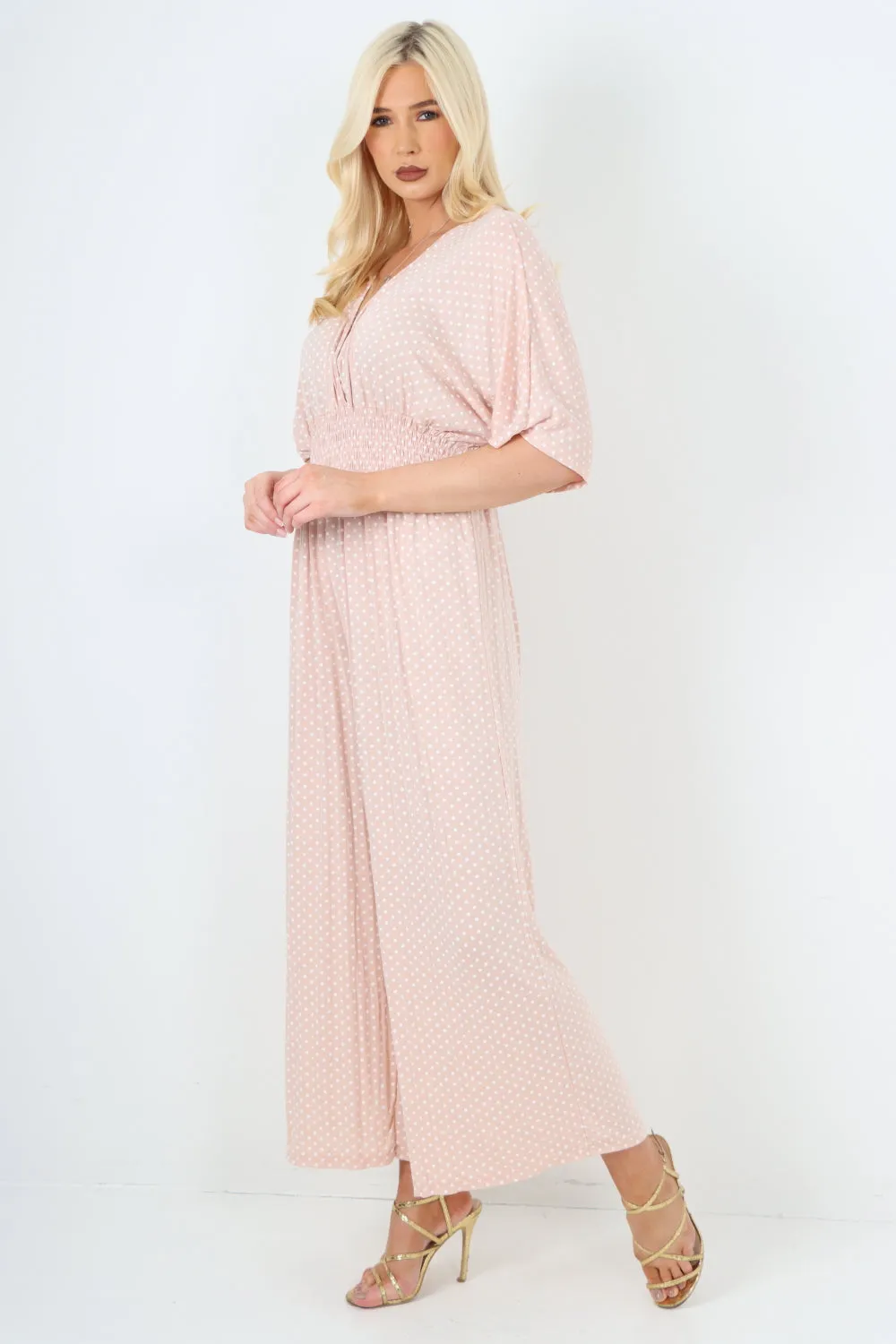 italian polka dot print shirred elasticated waist v neck jumpsuit