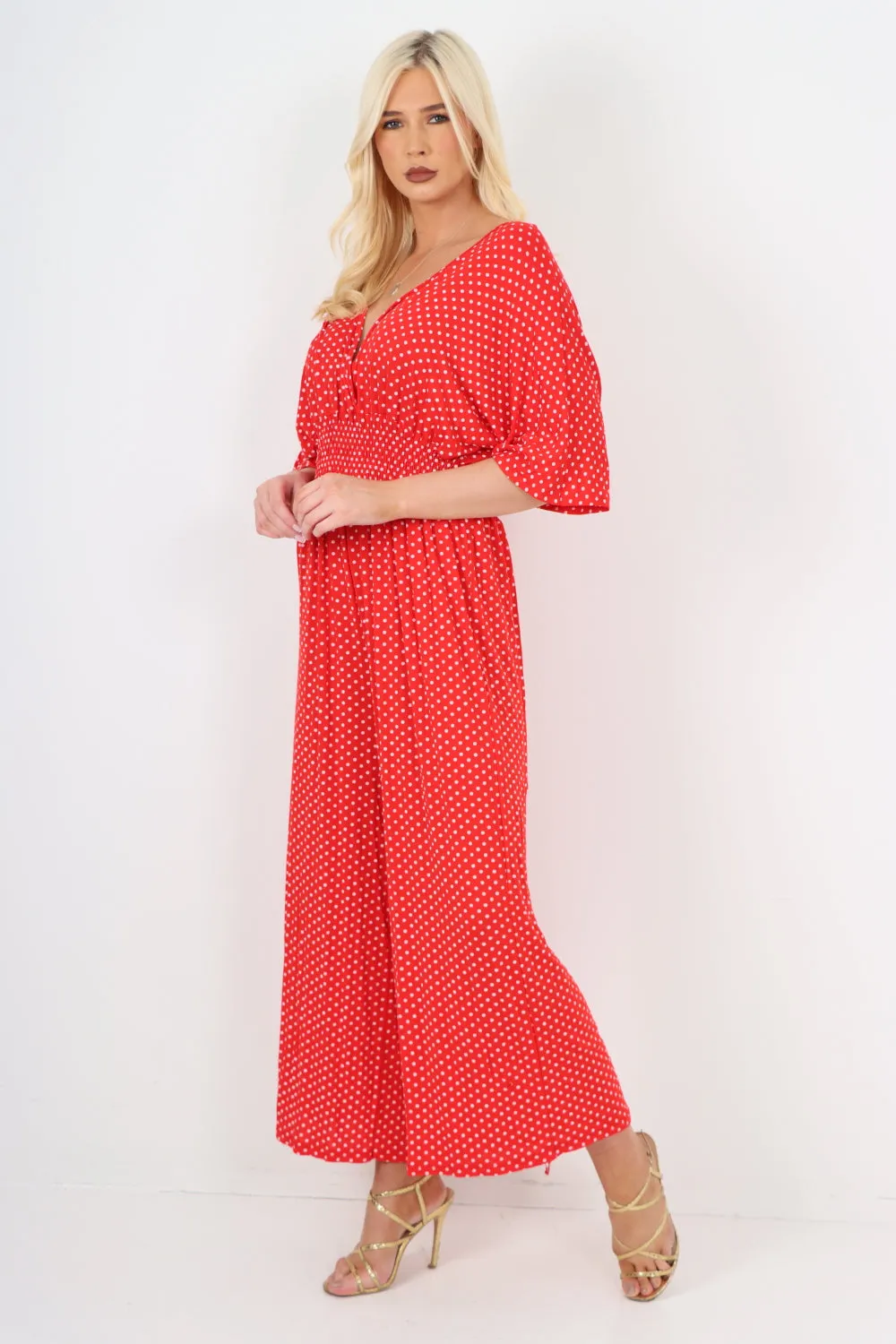 italian polka dot print shirred elasticated waist v neck jumpsuit
