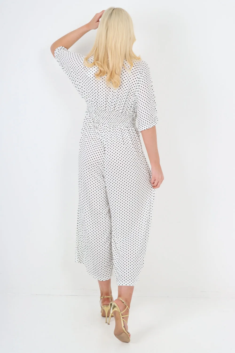 italian polka dot print shirred elasticated waist v neck jumpsuit