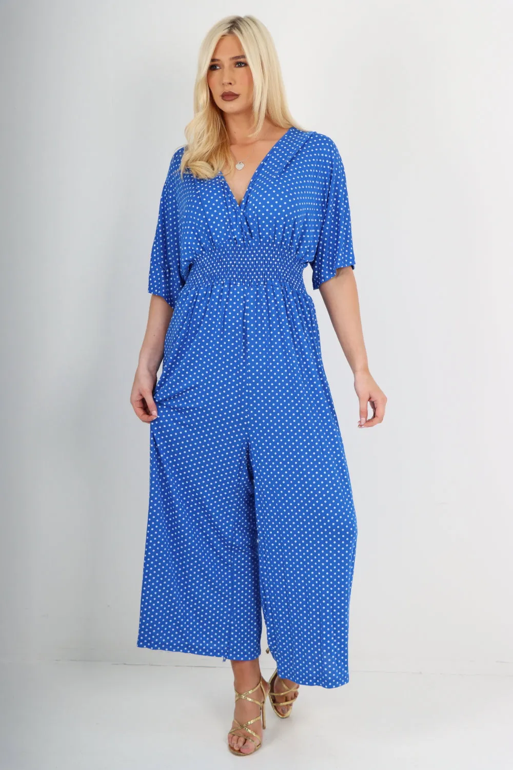 italian polka dot print shirred elasticated waist v neck jumpsuit
