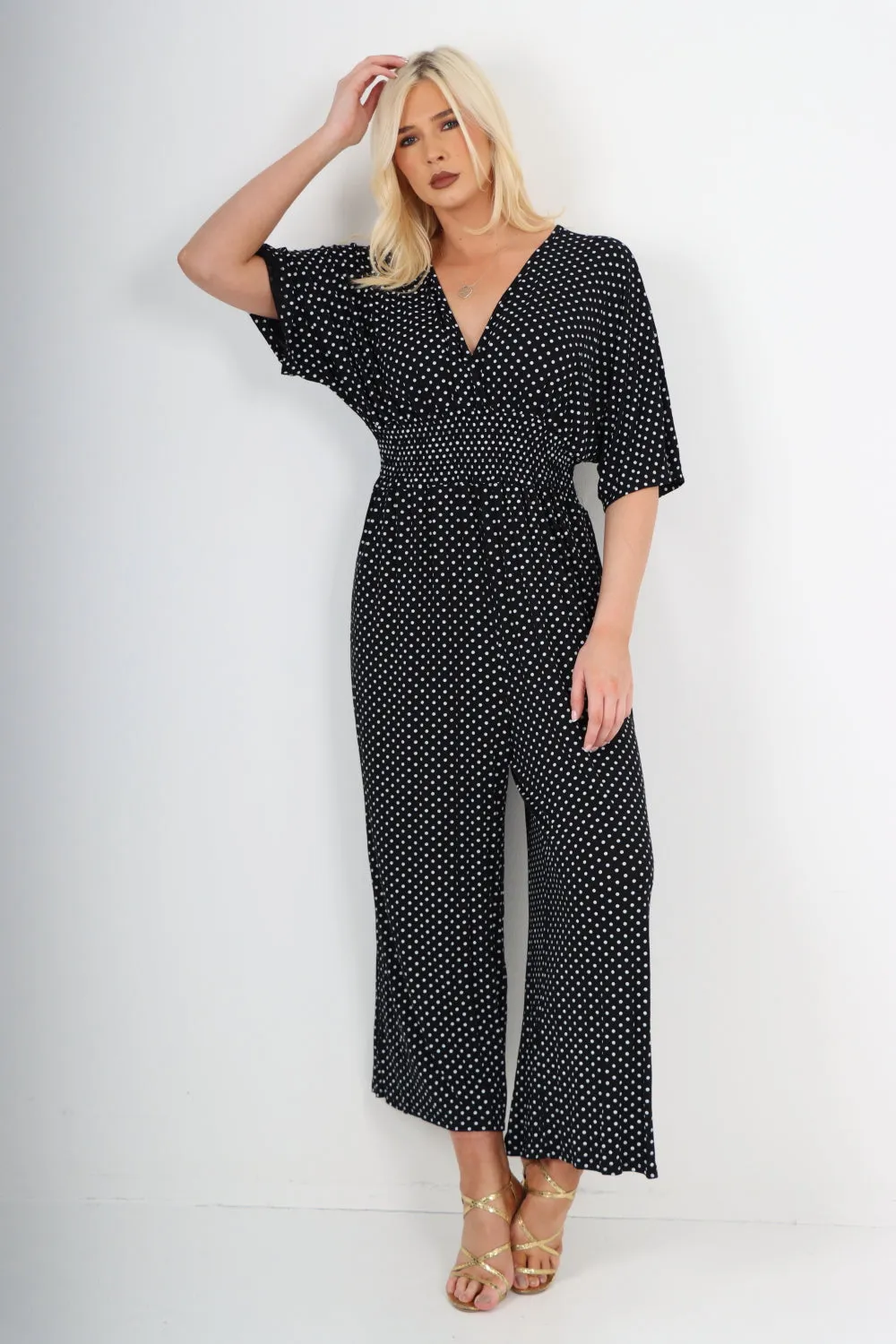 italian polka dot print shirred elasticated waist v neck jumpsuit