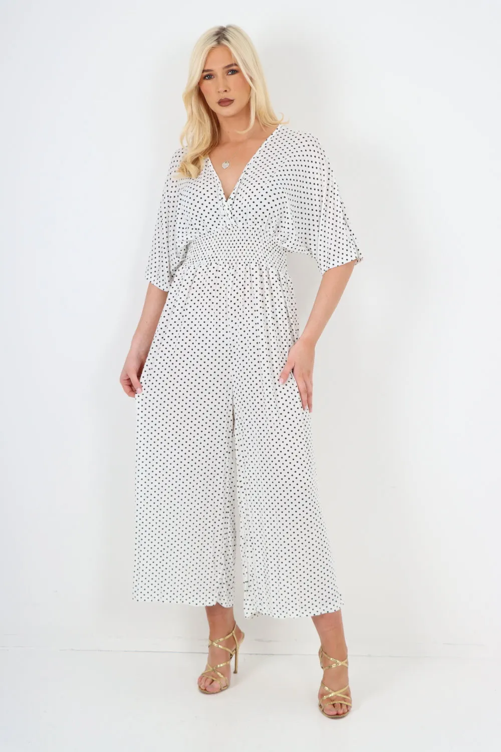 italian polka dot print shirred elasticated waist v neck jumpsuit