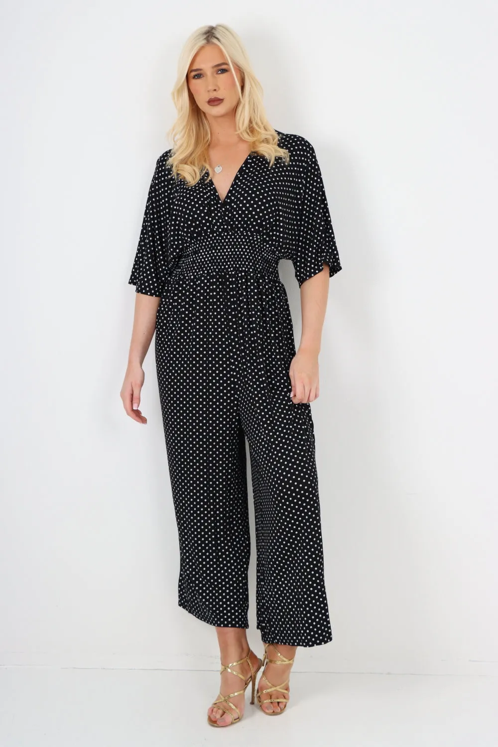 italian polka dot print shirred elasticated waist v neck jumpsuit