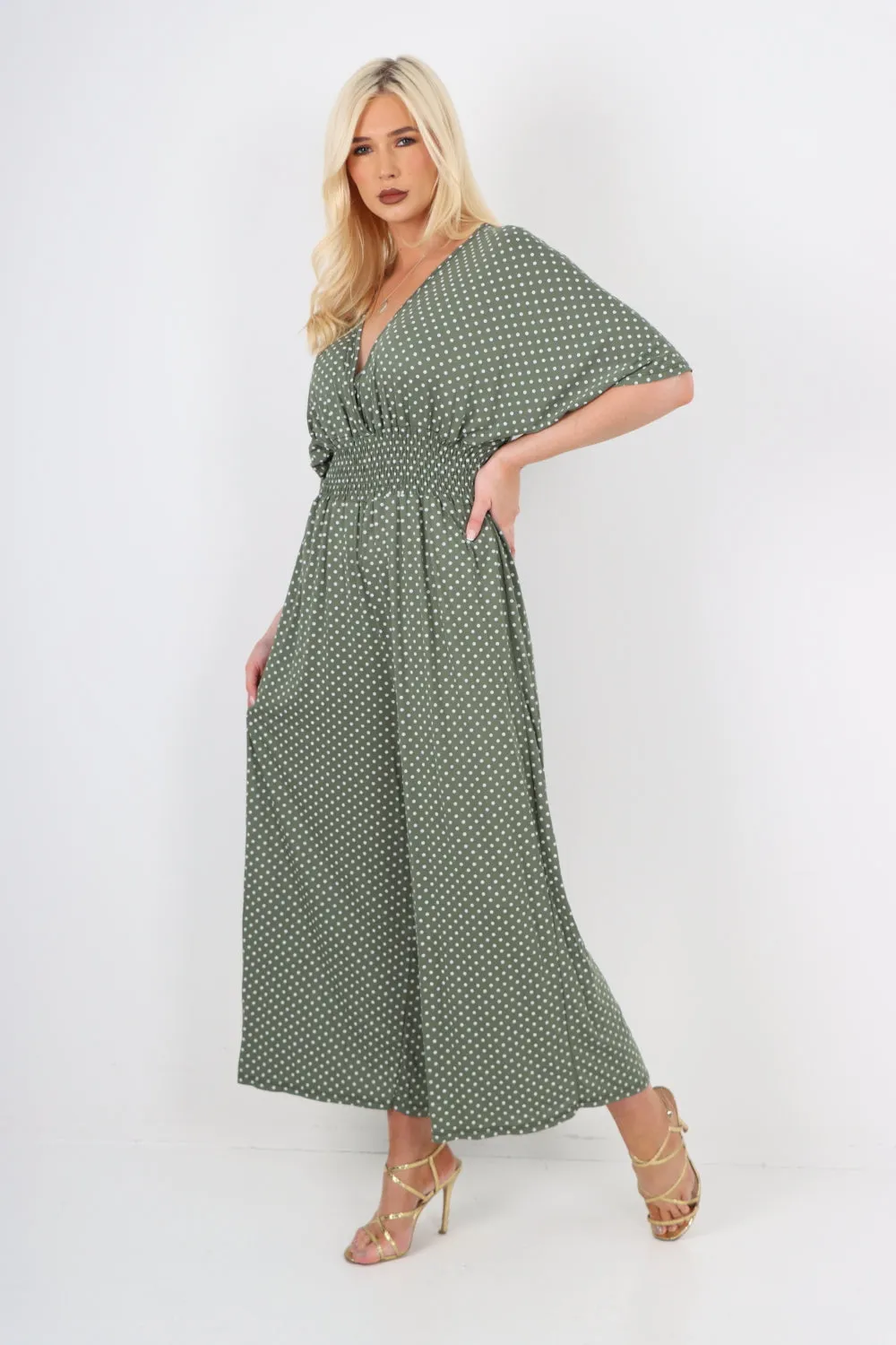 italian polka dot print shirred elasticated waist v neck jumpsuit
