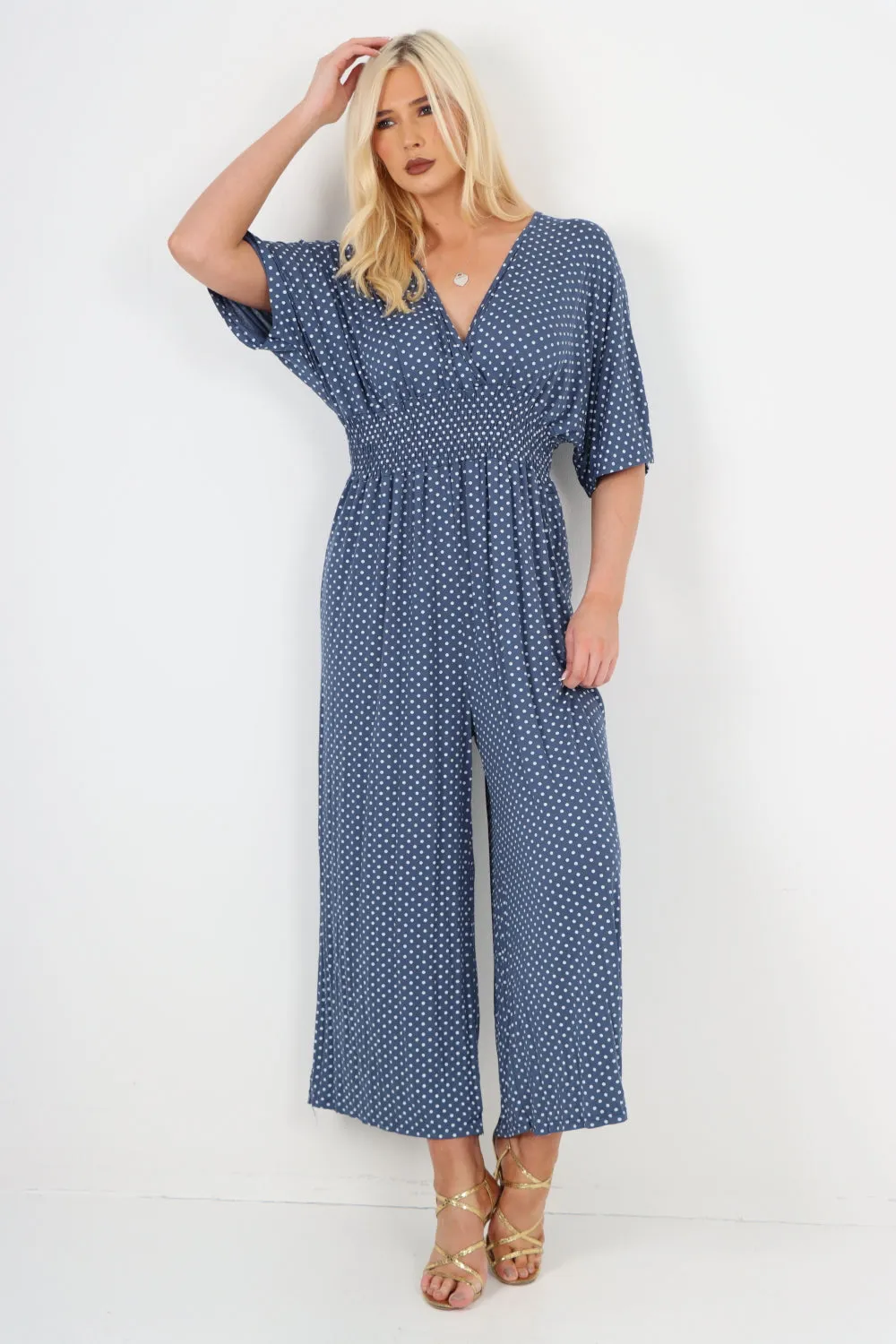 italian polka dot print shirred elasticated waist v neck jumpsuit