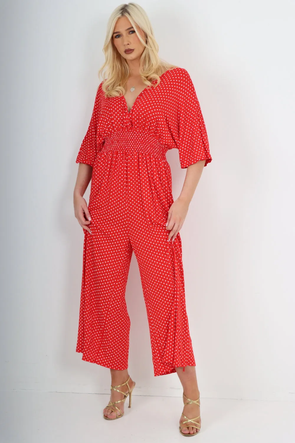 italian polka dot print shirred elasticated waist v neck jumpsuit