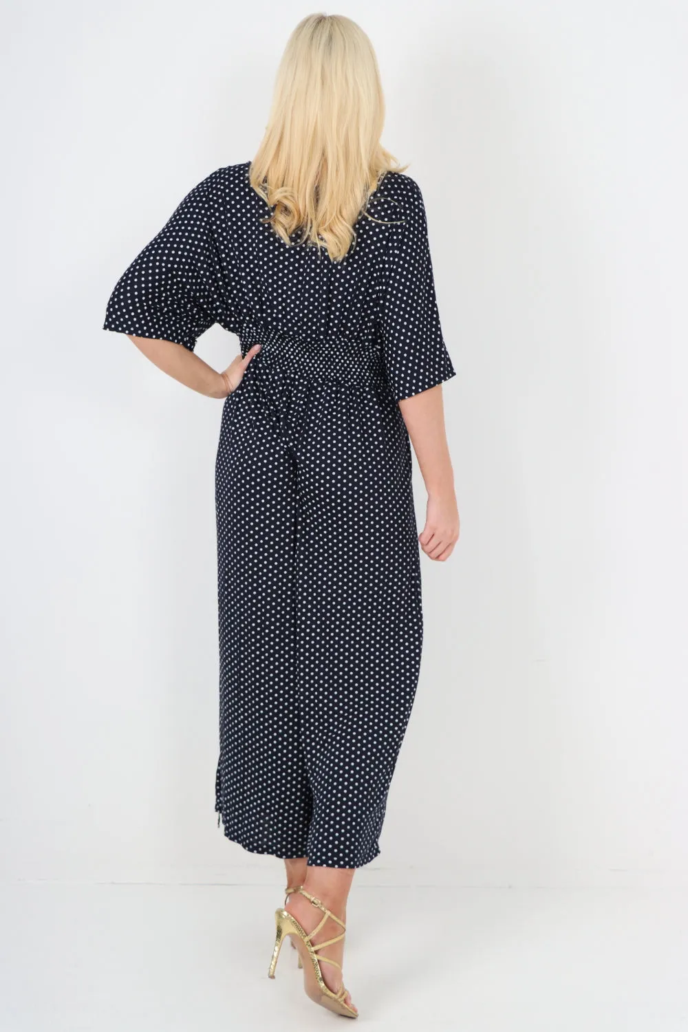 italian polka dot print shirred elasticated waist v neck jumpsuit