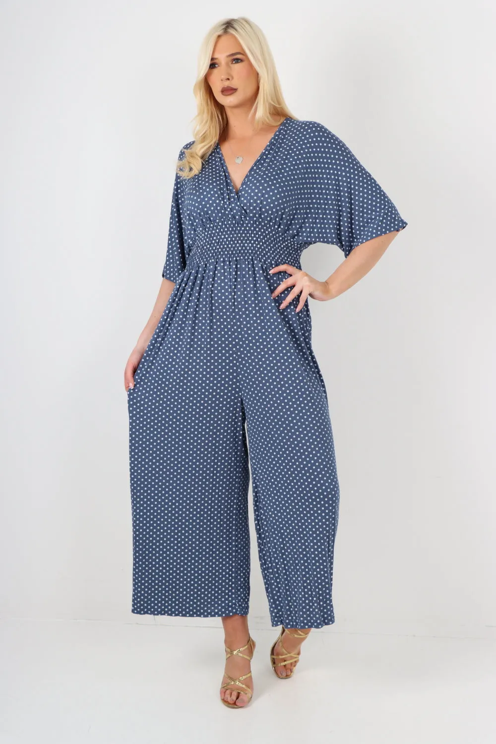 italian polka dot print shirred elasticated waist v neck jumpsuit
