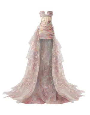 JazzHer Elegant High Low Strapless Pink Floral Long Prom Dresses Evening Dress (PRE-ORDER)