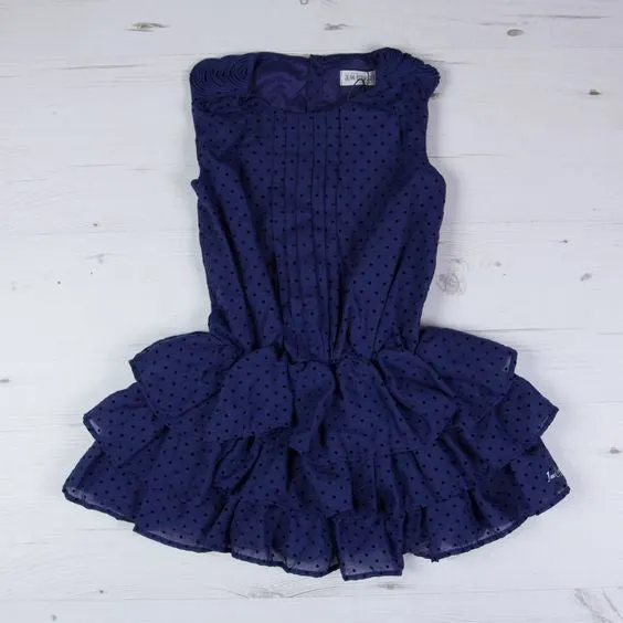 Jean Bourget - Girls Navy Micro Dot Tiered Flounce Ruffle Dress, Navy