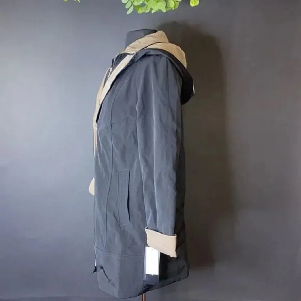 Jones New York Black Snap Front Colorblock Hooded Raincoat, XXS