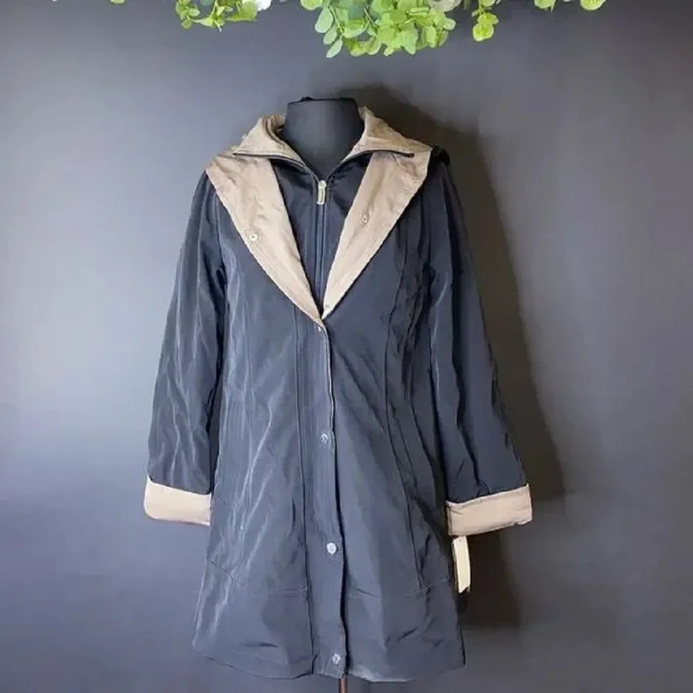 Jones New York Black Snap Front Colorblock Hooded Raincoat, XXS