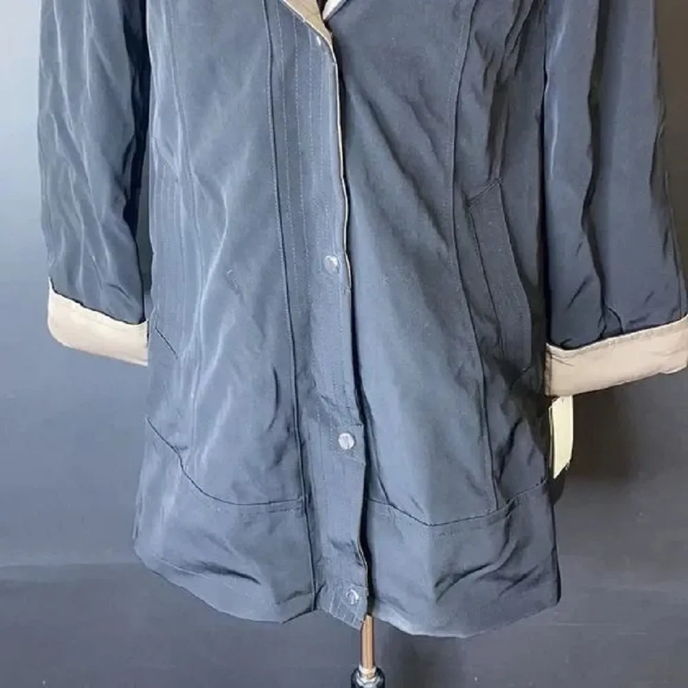 Jones New York Black Snap Front Colorblock Hooded Raincoat, XXS