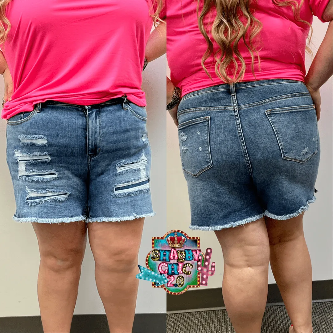 Judy Blue Denim Patch Cutoff Side Slit Shorts