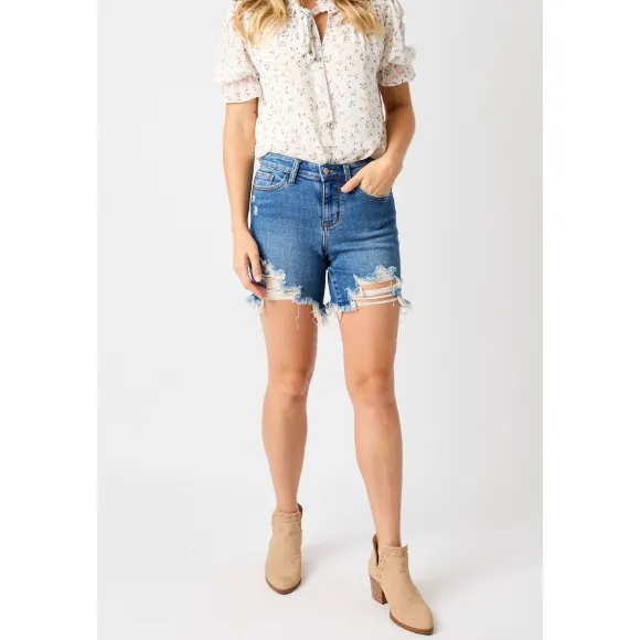 Judy Blue Mid Rise Destroy Fray Hem Shorts