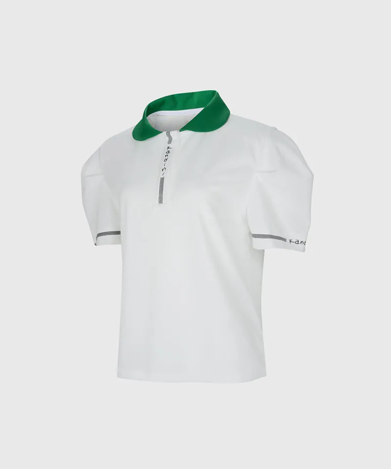 KANDINI Color Round Polo Shirts With Puff Sleeve - Green